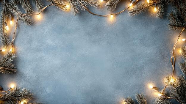 Christmas frame with fir branches and christmas lights on a blue background photo