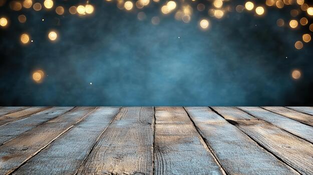 Wooden table with bokeh lights on dark background photo