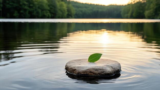 A rock with a leaf floating on top of a lake photo