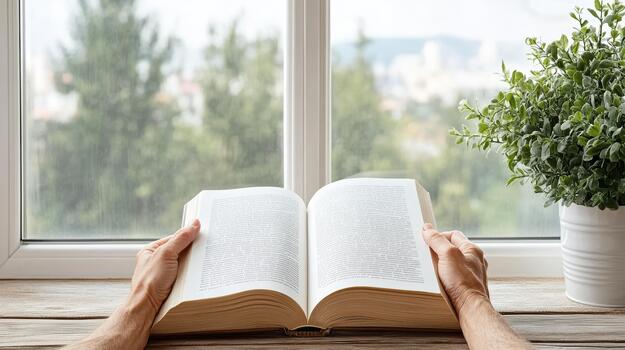 A man reading a book on a wooden table near a window photo