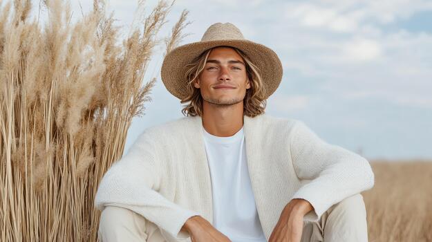 A man in a hat sitting in a field photo