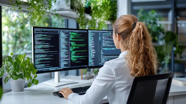 A woman is sitting at a desk with two computer monitors photo