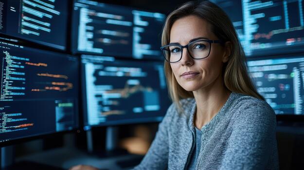 A woman in glasses sitting in front of multiple computer screens photo