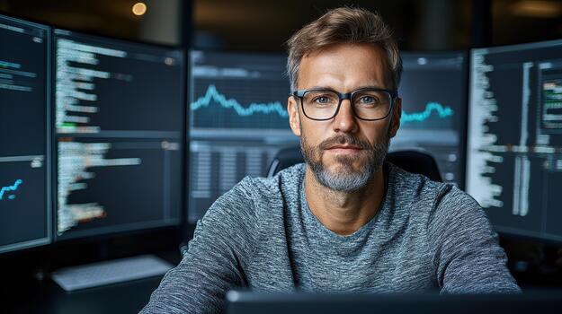 A man in glasses sitting at a computer with multiple screens photo
