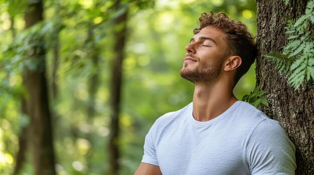 A man is resting in the woods photo