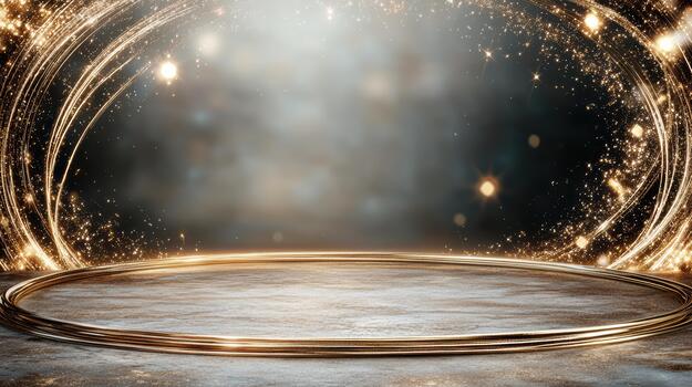 Golden circle with sparkles on a dark background photo