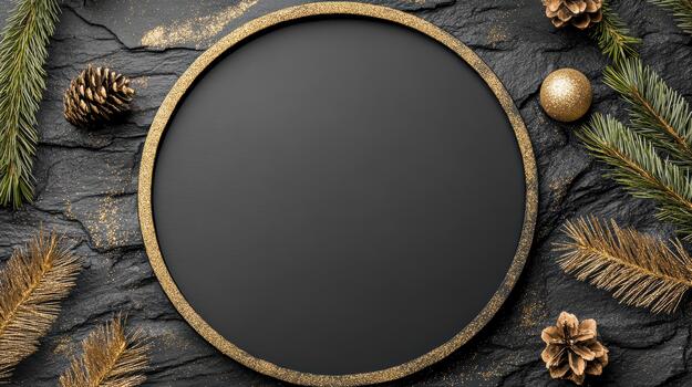 Golden frame with pine cones and fir branches on a black background photo