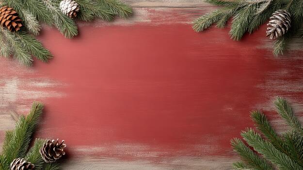 Christmas red background with fir branches and pine cones on wooden table photo