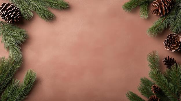 Christmas frame with fir branches and pine cones on a pink background photo