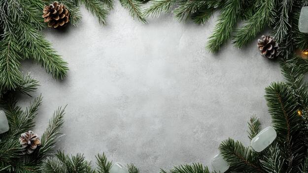 Christmas frame with fir branches and pine cones on a concrete background photo