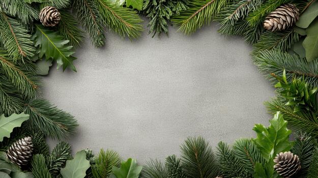 Christmas wreath frame with green fir branches and pine cones on concrete background photo