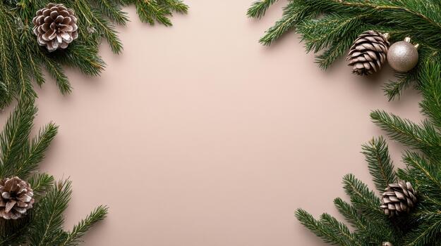 Christmas wreath frame with fir branches and pine cones on a pink background photo