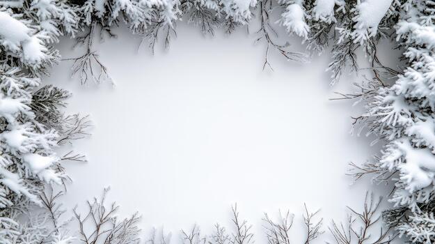 Winter frame with snow covered branches and a white background photo