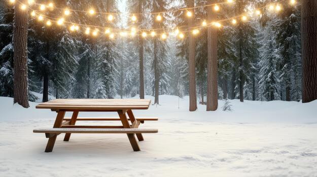 Picnic table in the snow with string lights photo