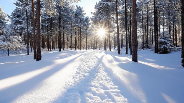 A path through a snowy forest with sun shining through the trees photo