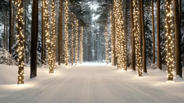 A snowy road lined with trees with lights photo