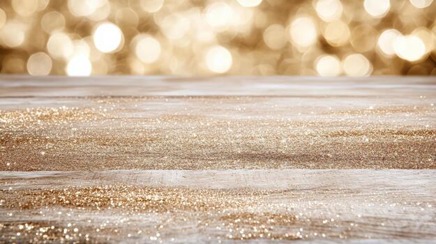 Golden glitter on wooden table with bokeh lights photo