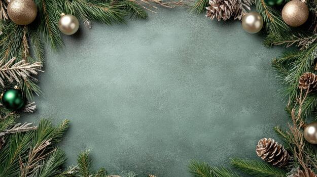 Christmas frame with fir branches and ornaments on a dark background photo