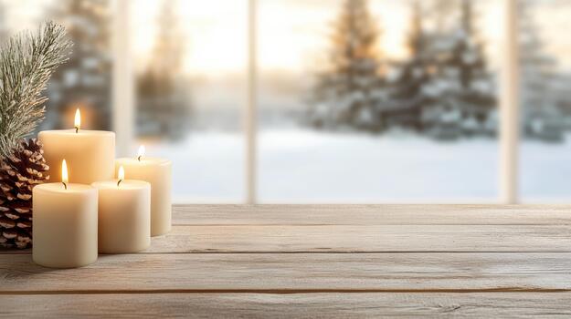 Candles on a wooden table with a window in the background photo
