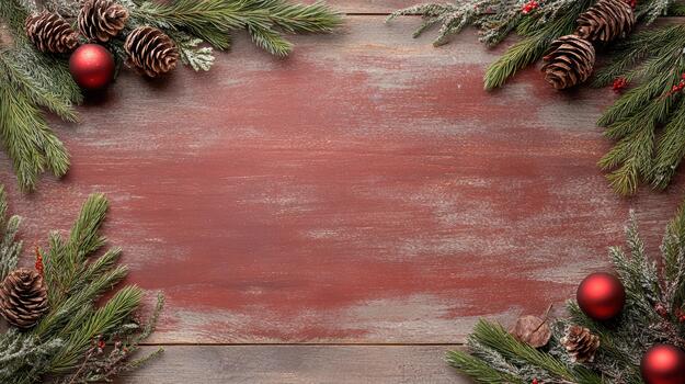 Christmas frame with fir branches and red ball on wooden background photo