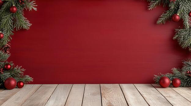Christmas red background with fir branches and red balls photo