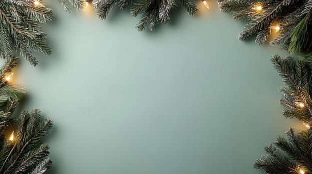 Christmas frame with fir branches and christmas lights on a green background photo