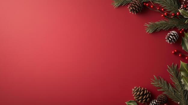 Christmas background with fir branches, berries and cones on red background photo