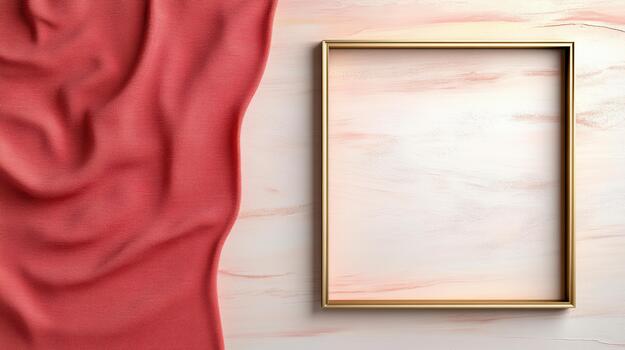 Gold frame on a red background with a silk fabric photo