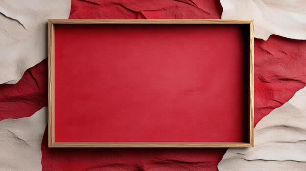Wooden frame on red paper background photo