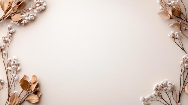 A frame with flowers and leaves on a beige background photo