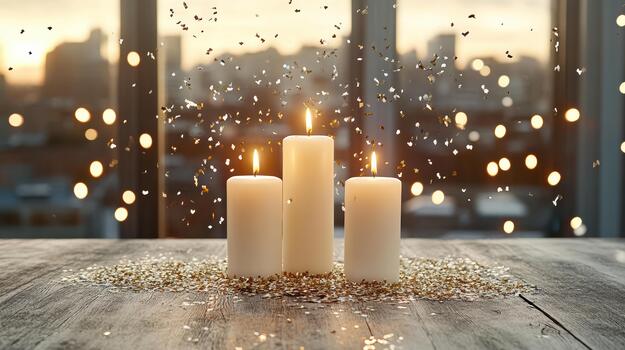 Three candles on a table with confetti falling from the sky photo