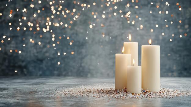Three candles on a table with sparkling lights photo