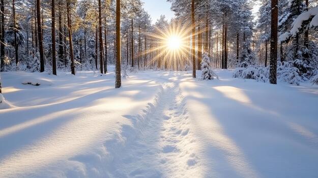 A path through a snowy forest with the sun shining through photo