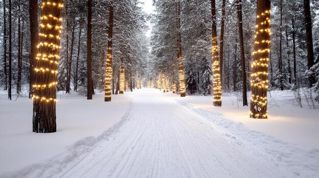 A snowy path lined with lights in the middle of a forest photo