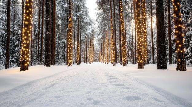 A snowy path lined with trees with lights photo