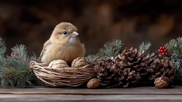 A bird in a nest with pine cones and berries photo