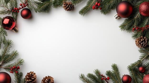 Christmas frame with fir branches and red balls on white background photo