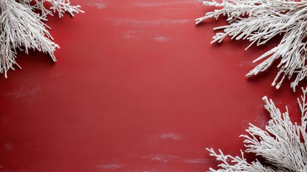 Christmas red background with white christmas tree branches photo