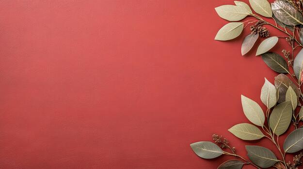 Red background with eucalyptus leaves and leaves photo