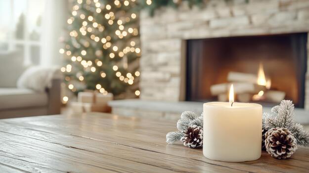 A candle sits on a table in front of a fireplace with a christmas tree in the background photo
