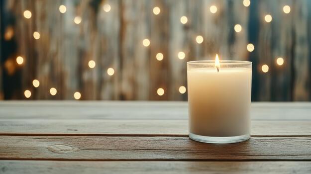 A candle sits on a wooden table in front of a blurred background photo