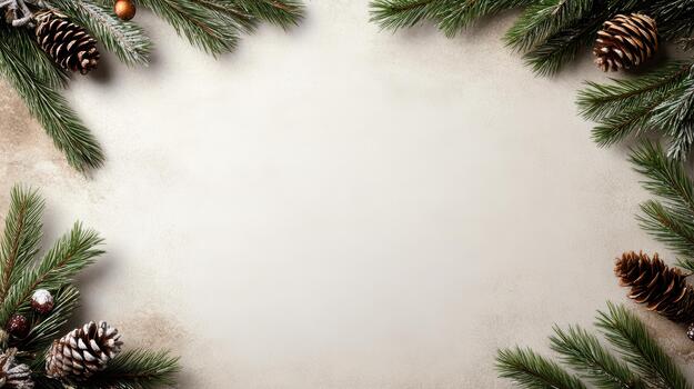 Christmas frame with fir branches and pine cones on a grungy background photo