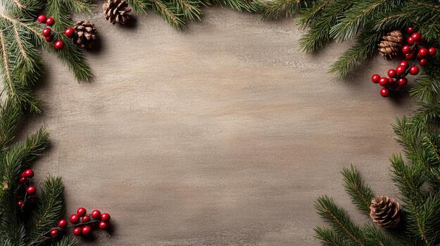 Christmas frame with fir branches and berries on a wooden background photo