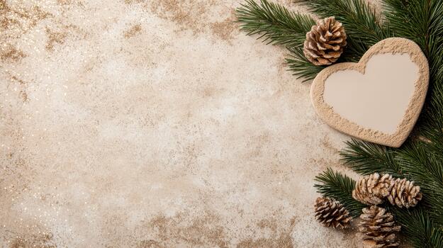 A heart shaped wooden frame with pine cones and fir branches photo