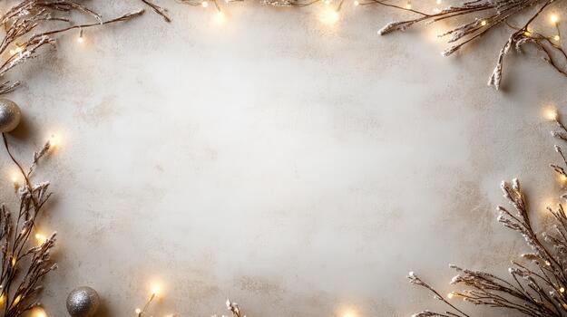Christmas frame with christmas lights and branches on a white background photo