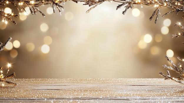 Christmas tree garland on wooden table with bokeh lights photo