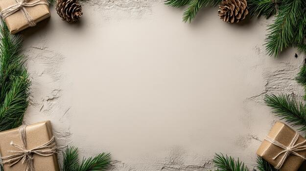 Christmas frame with fir branches and gifts on concrete background photo