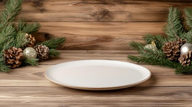 An empty plate on a wooden table with pine cones photo
