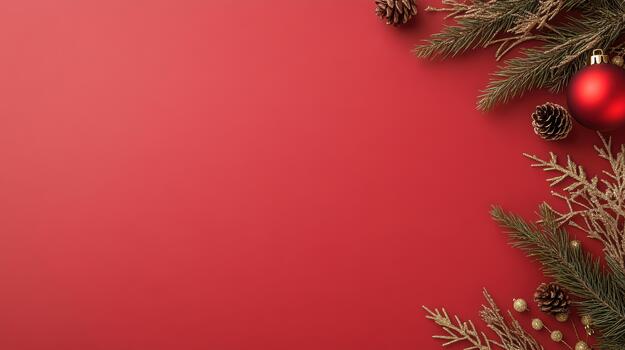 Christmas background with fir branches and red ball on red background photo