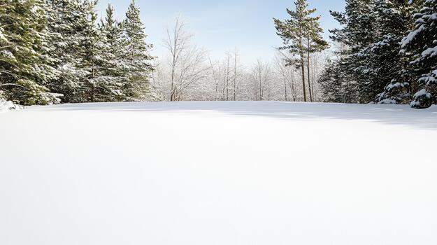 A snow covered field with trees and a sky photo